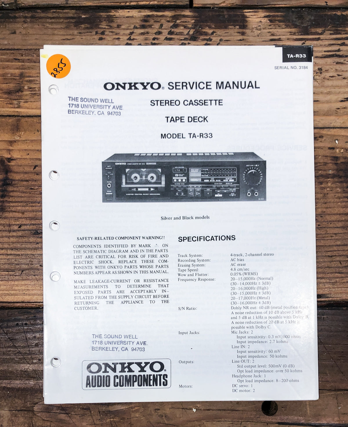 Onkyo TA-R33 Cassette Service Manual *Original*