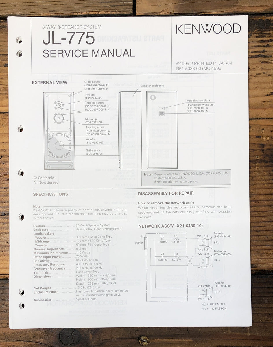Kenwood JL-775 Speaker Service Manual *Original*