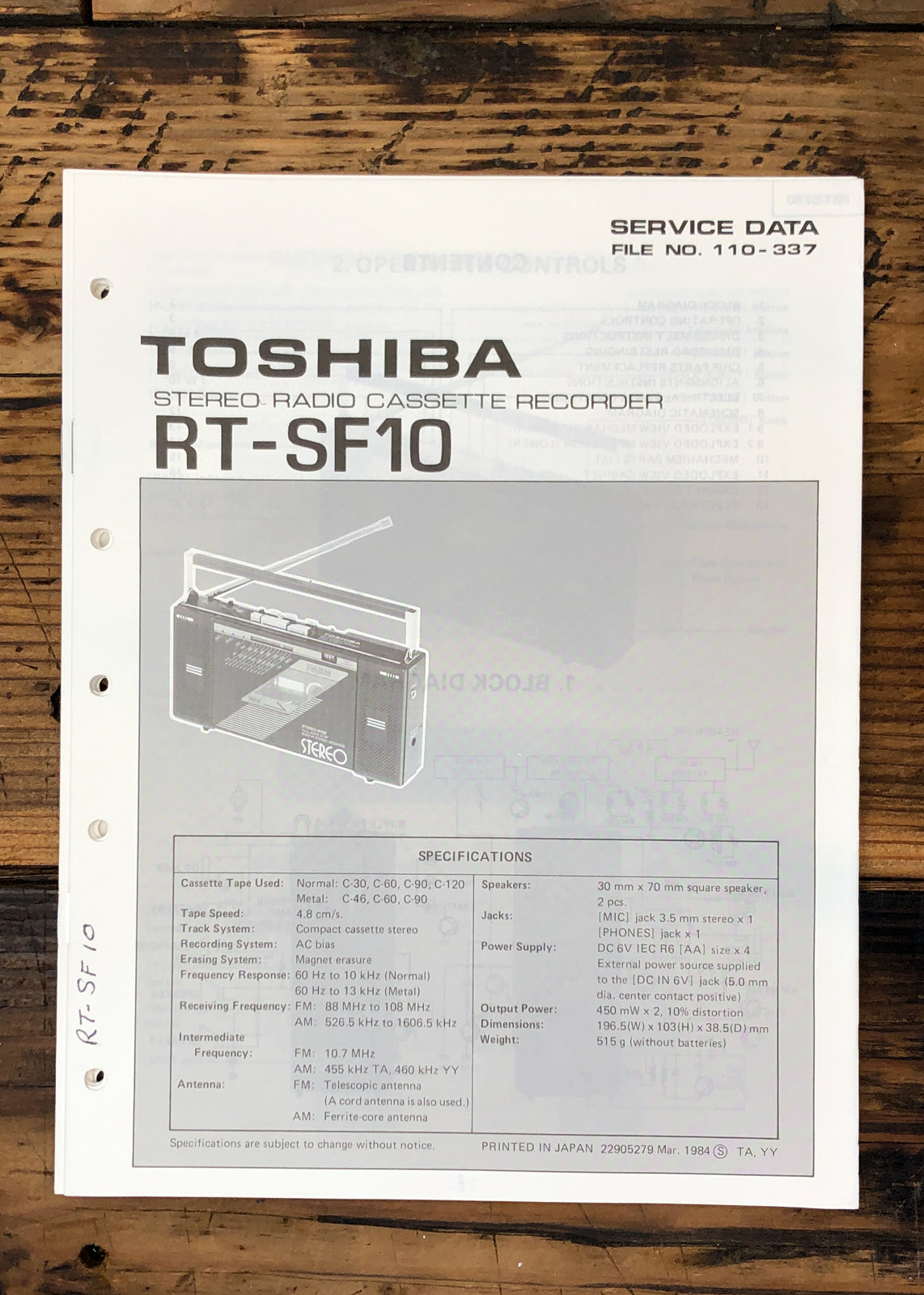 Toshiba RT-SF10 Stereo Service Manual *Original*