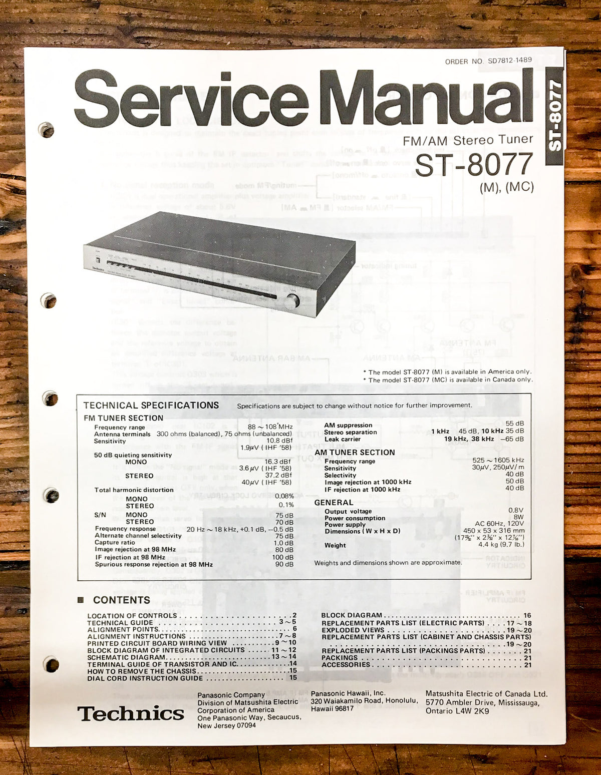 Technics ST-8077 Tuner Service Manual *Original*