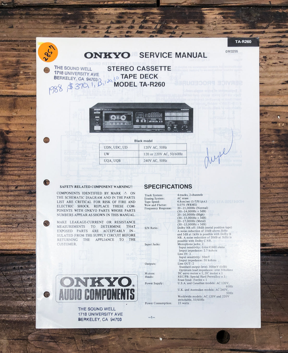 Onkyo TA-R260 Cassette Service Manual *Original*