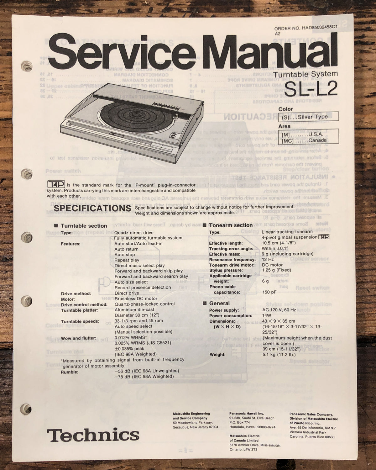 Technics / Panasonic SL-L2 Turntable Service Manual *Original*