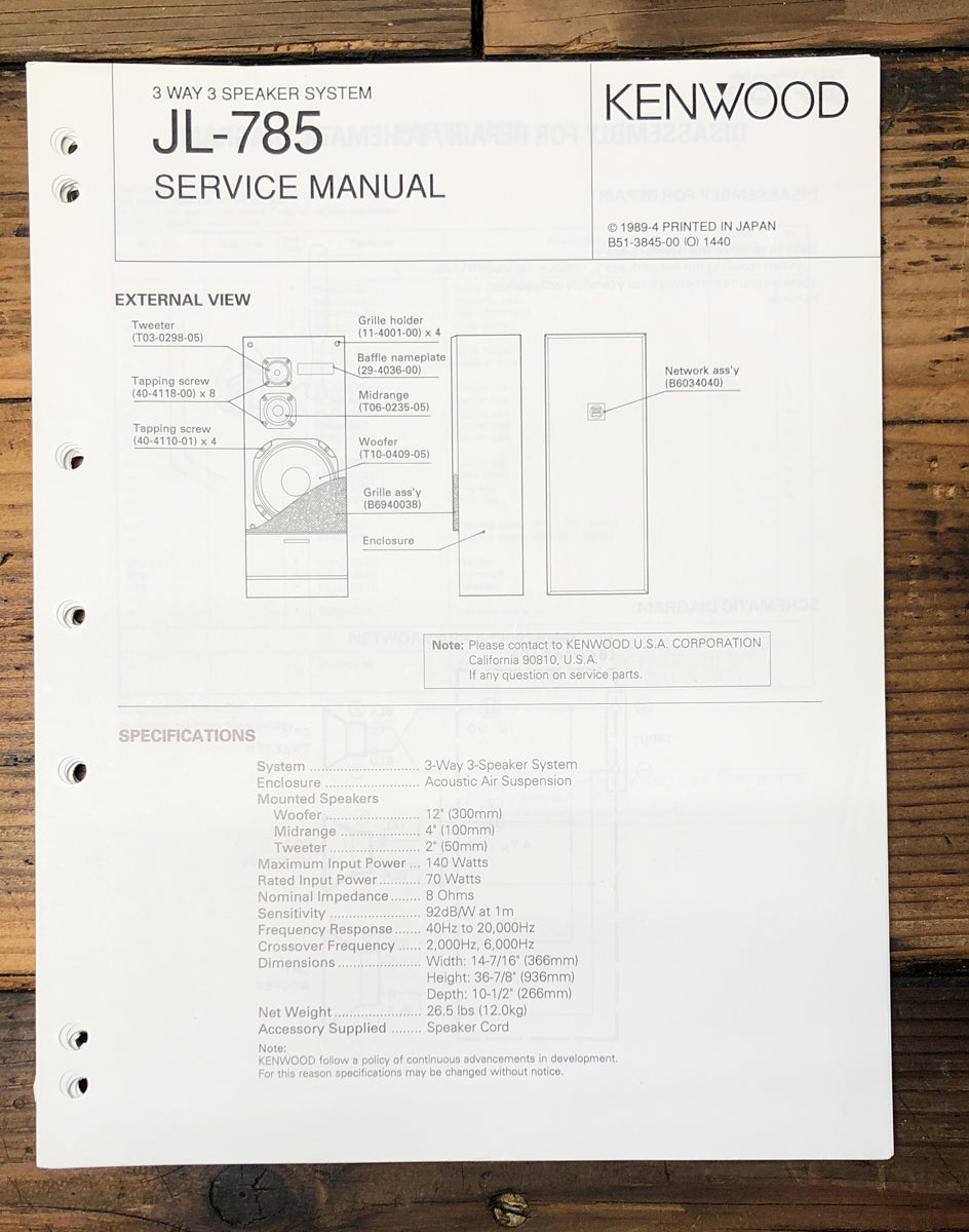 Kenwood JL-785 Speaker Service Manual *Original*