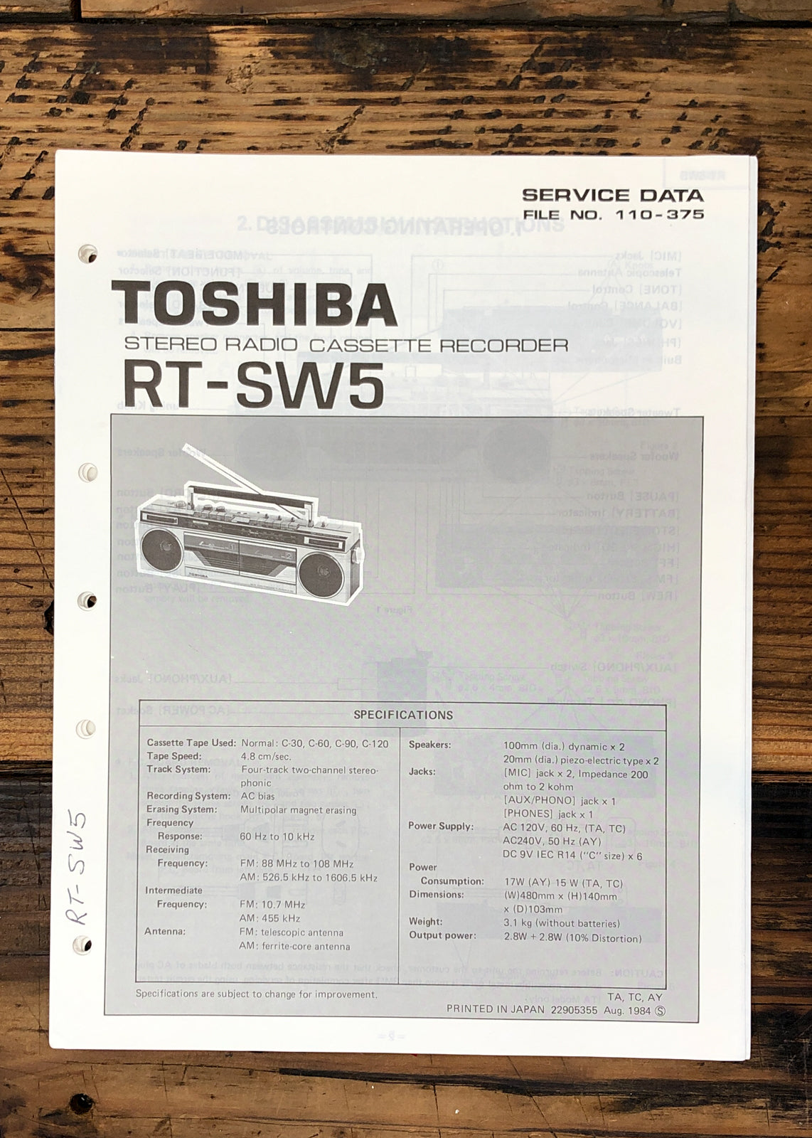 Toshiba RT-SW5 Stereo Service Manual *Original*