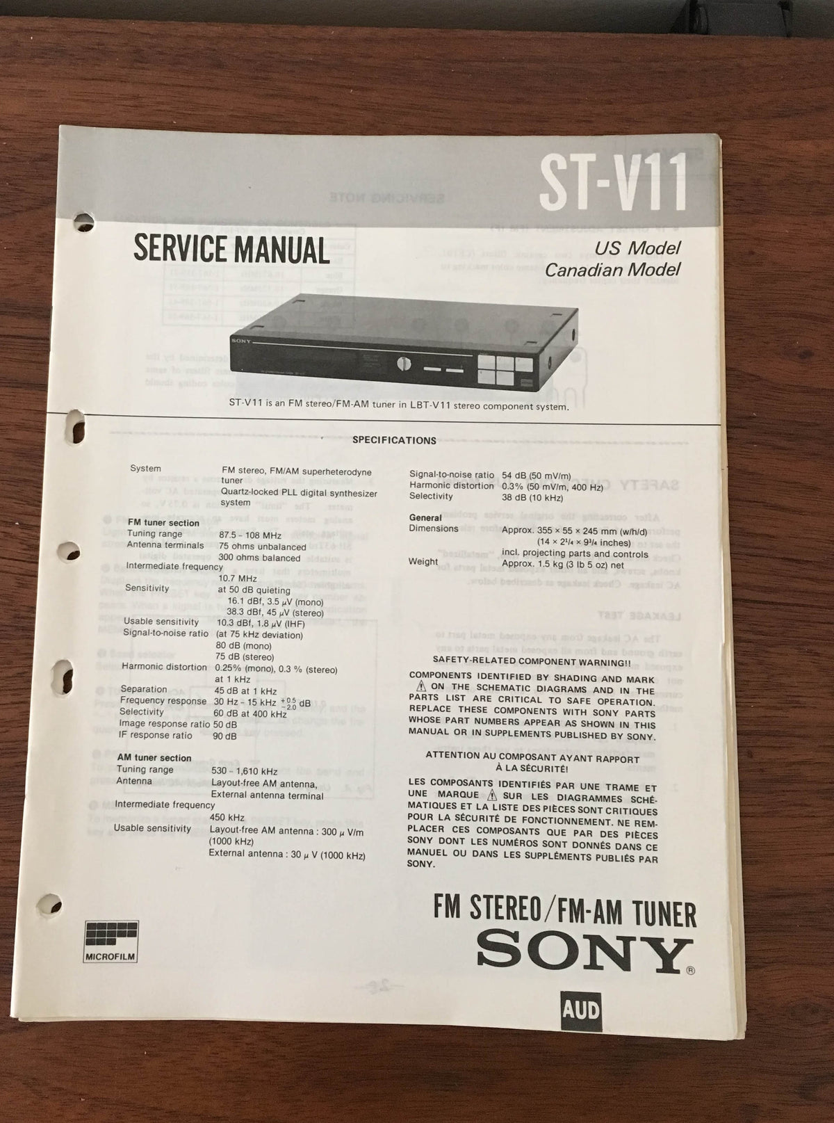 Sony ST-V11 Tuner Service Manual *Original*
