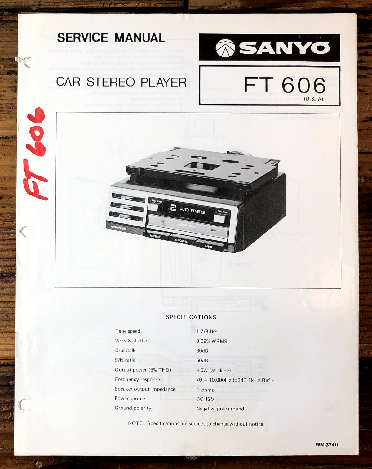 Sanyo FT 606 Car Stereo Player Service Manual *Original*