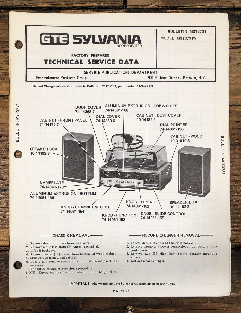 GTE Sylvania MST3731W Stereo Service Manual *Original*