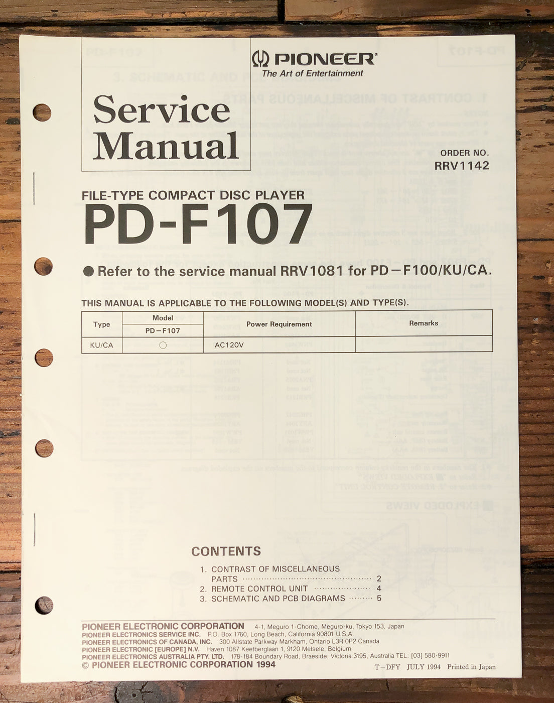 Pioneer PD-F107 File-Type CD Player Supp. Service Manual *Original*