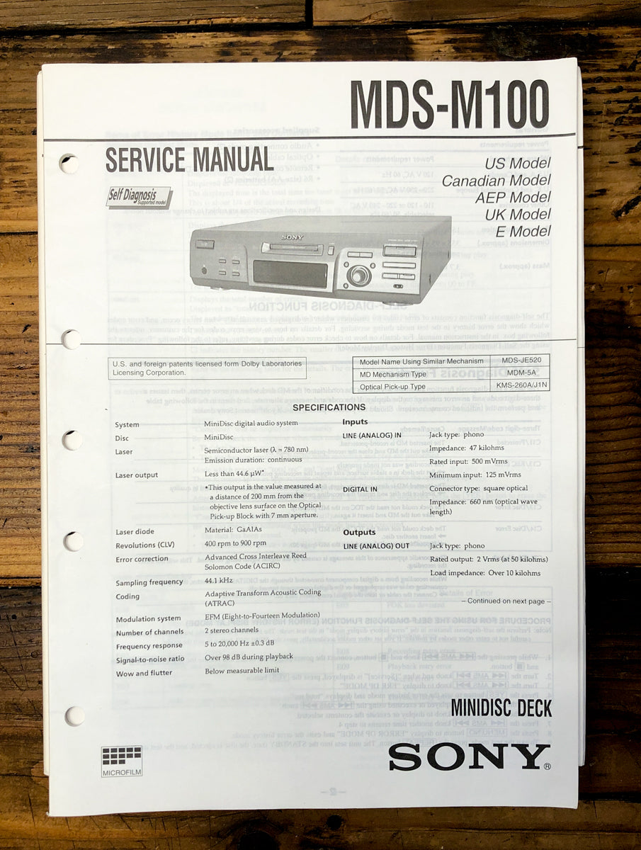Sony MDS-M100 MD Deck Service Manual *Original*