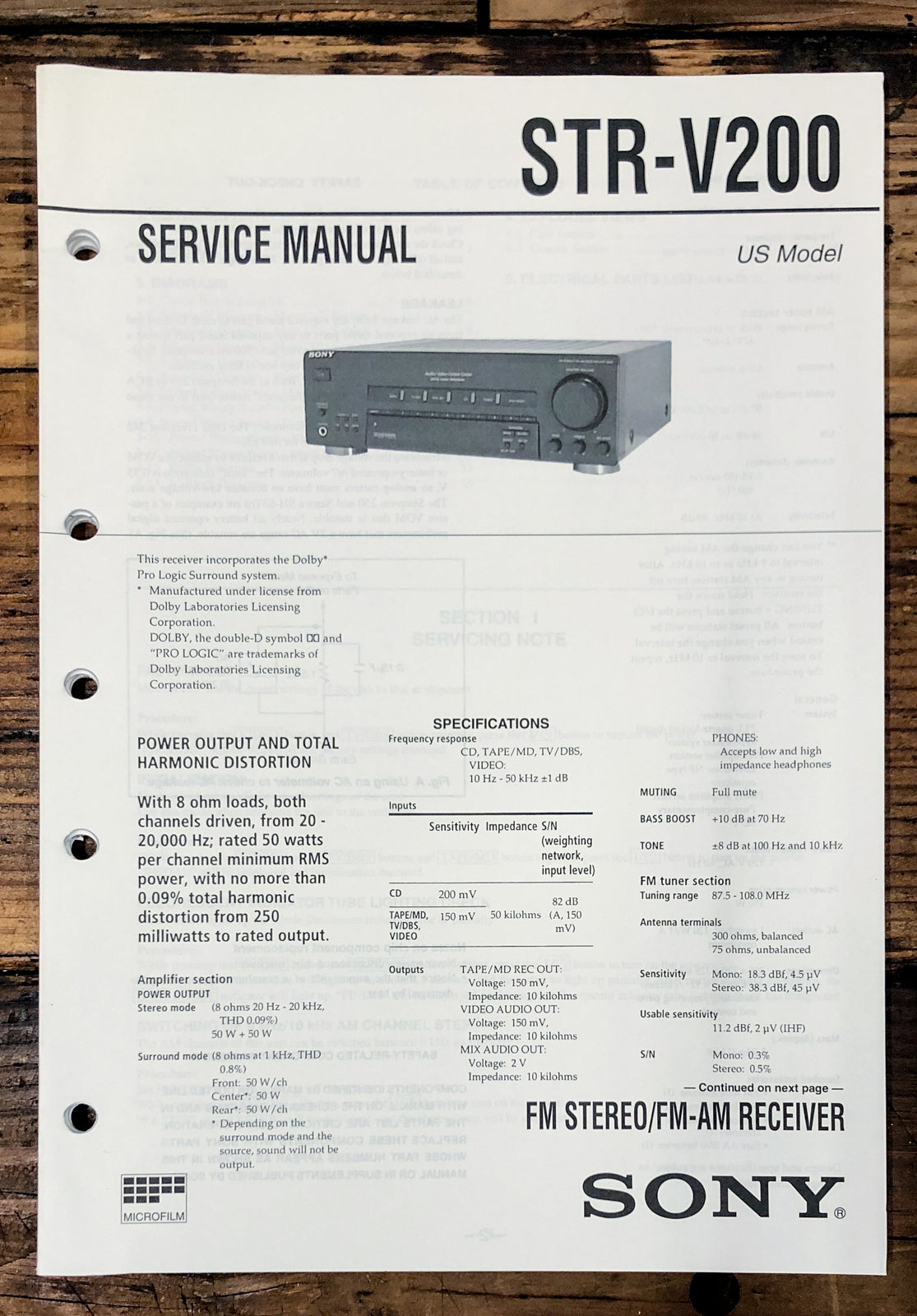 Sony STR-V200 Receiver Service Manual *Original*
