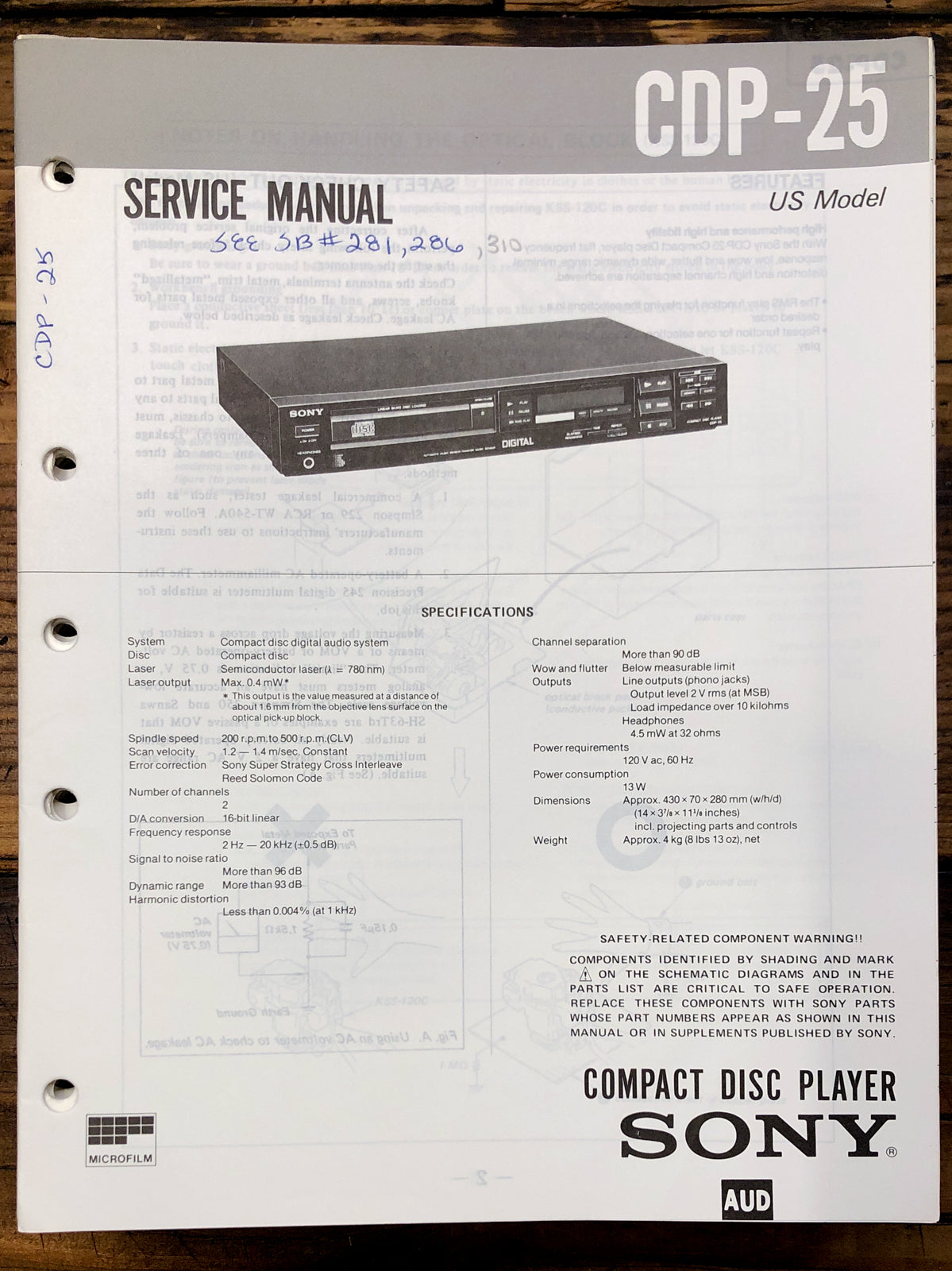 Sony CDP-25 CD Player Service Manual *Original*