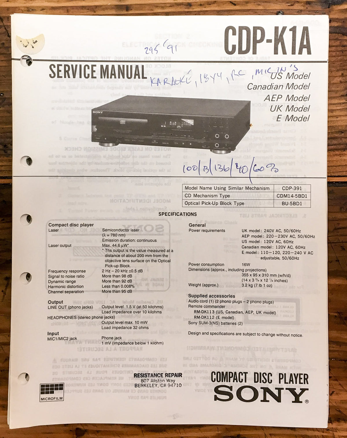 Sony CDP-K1A CD Player Service Manual *Original*