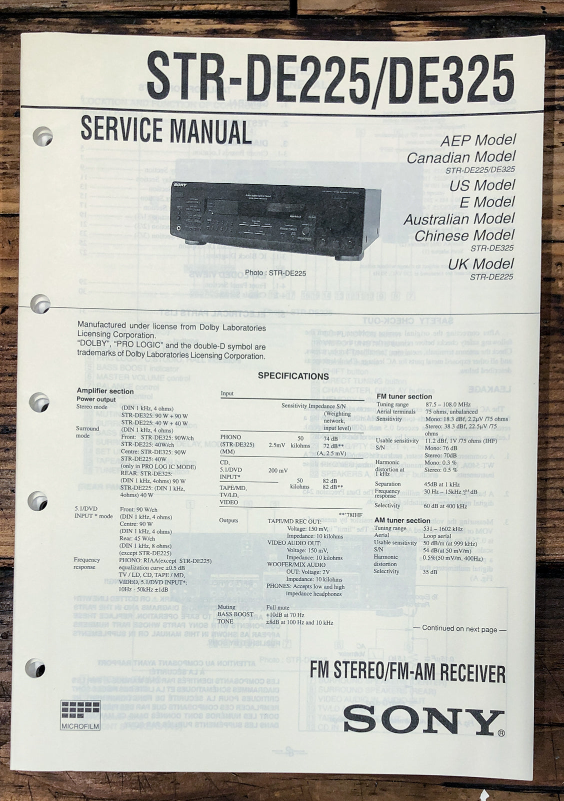 Sony STR-DE225 STR-DE325 Receiver Service Manual *Original*