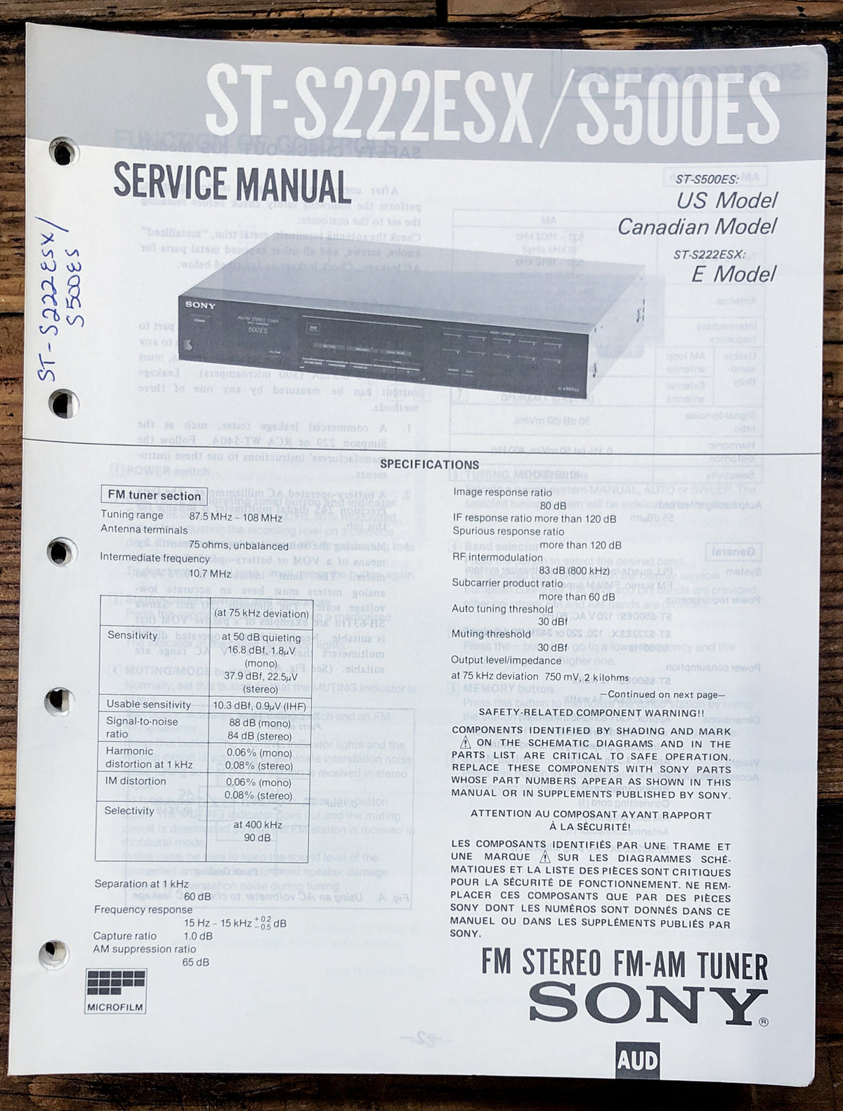 Sony ST-S222ESX ST-S500ES Tuner Service Manual *Original*