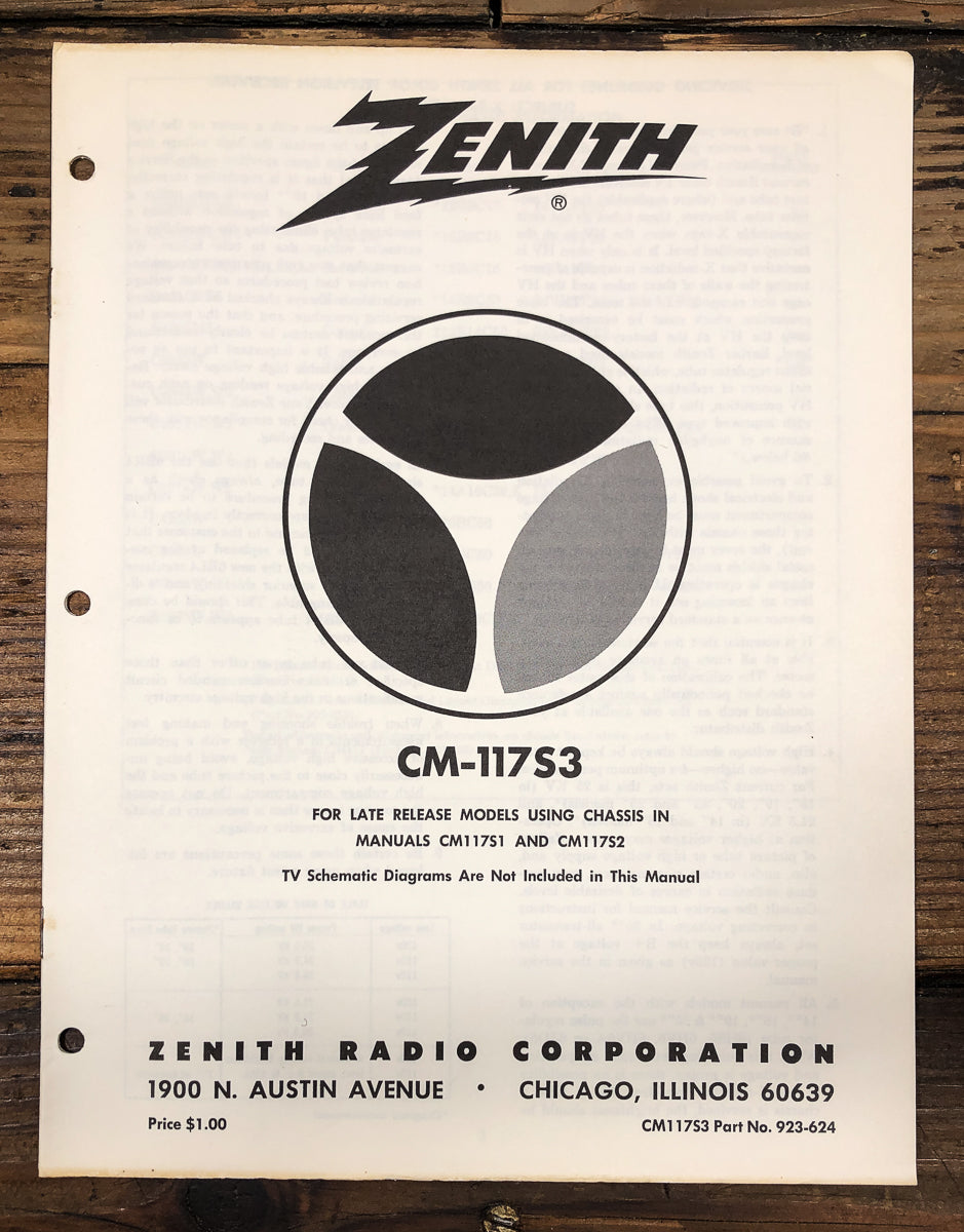 Zenith CM-117 S3 Color TV Service Manual *Original*
