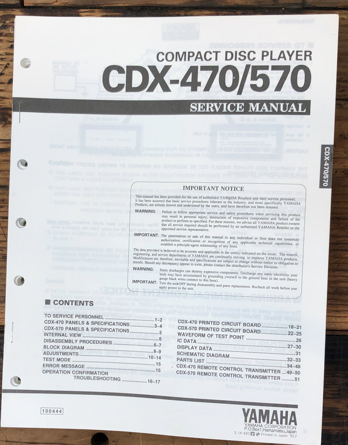 Yamaha CDX-470 CDX-570 CD Player Service Manual *Original*
