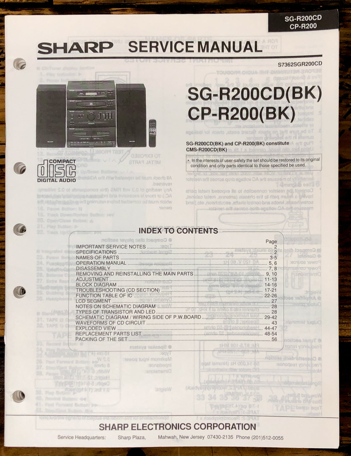 Sharp SG-R200 CP-R200 Stereo Service Manual *Original*