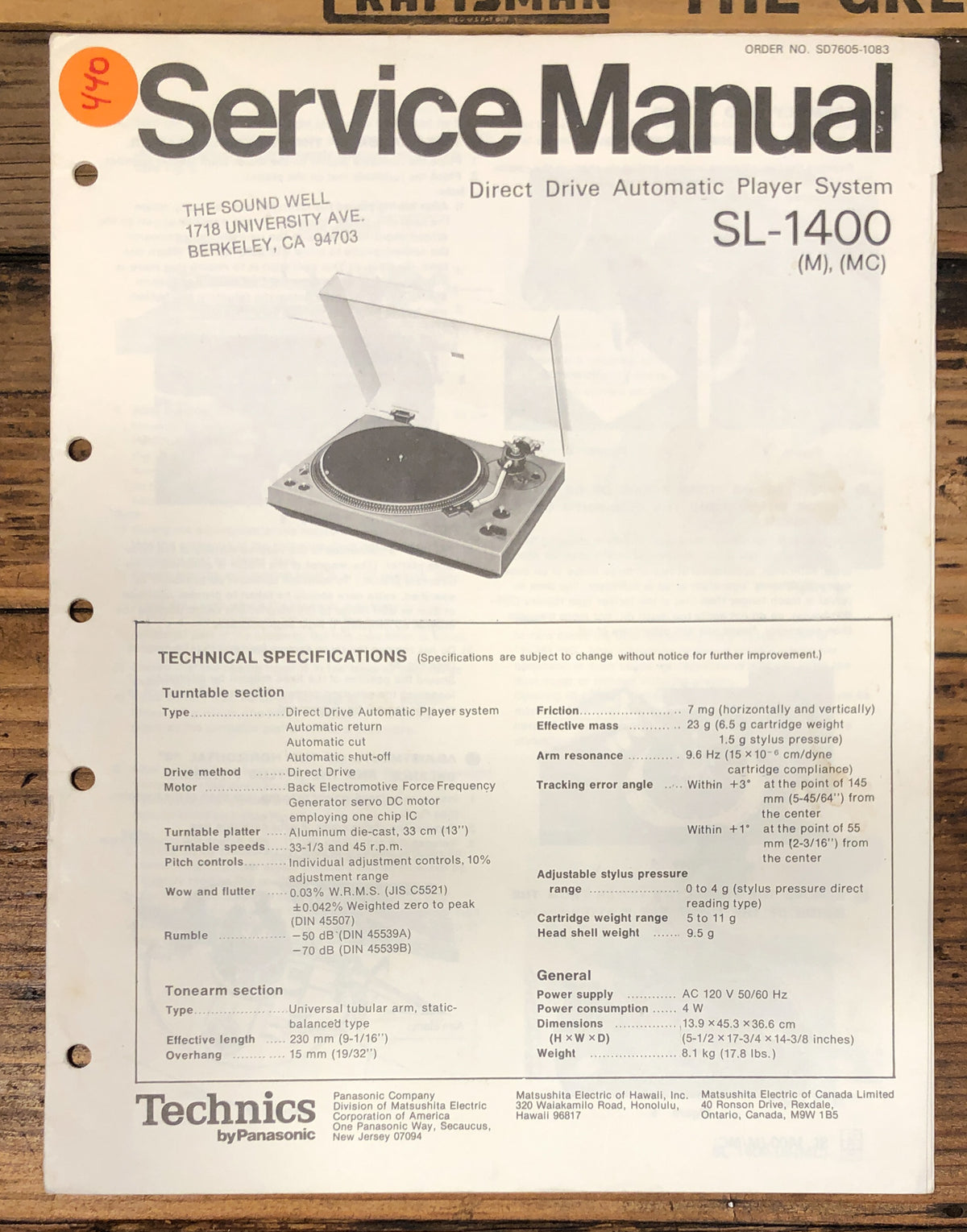 Technics SL-1400 Record Player / Turntable Service Manual *Original*
