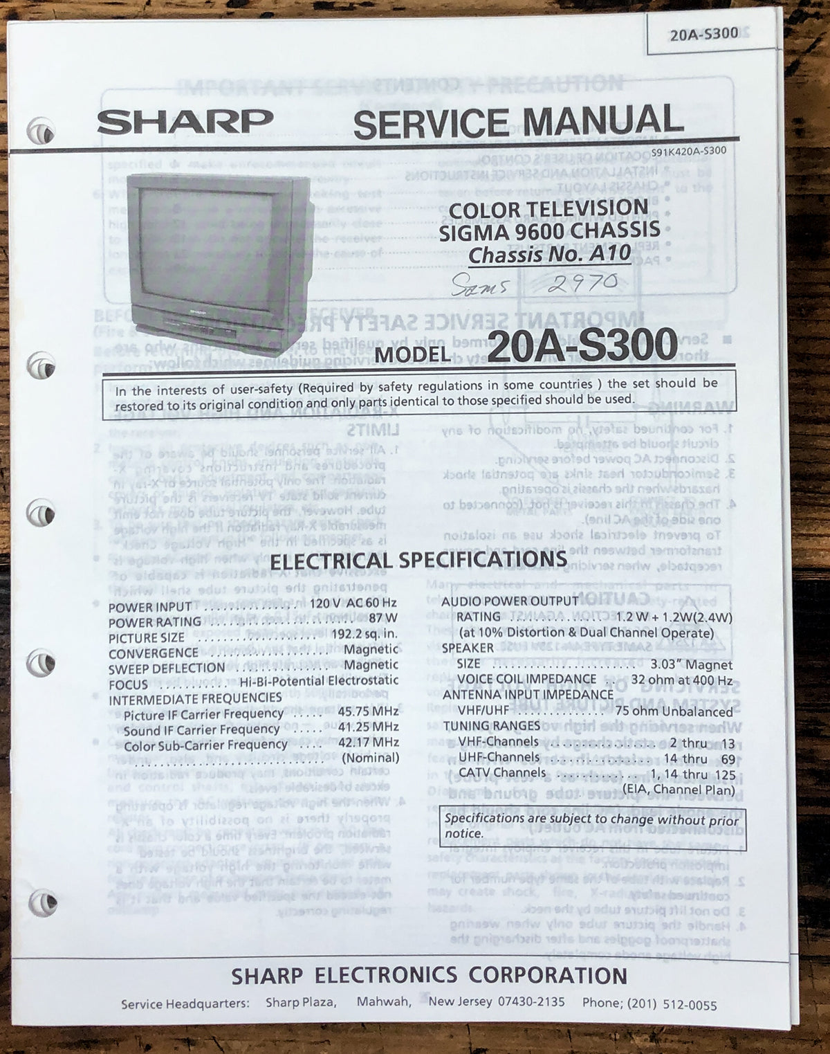 Sharp 20A-S300 TV / Television Service Manual *Original*