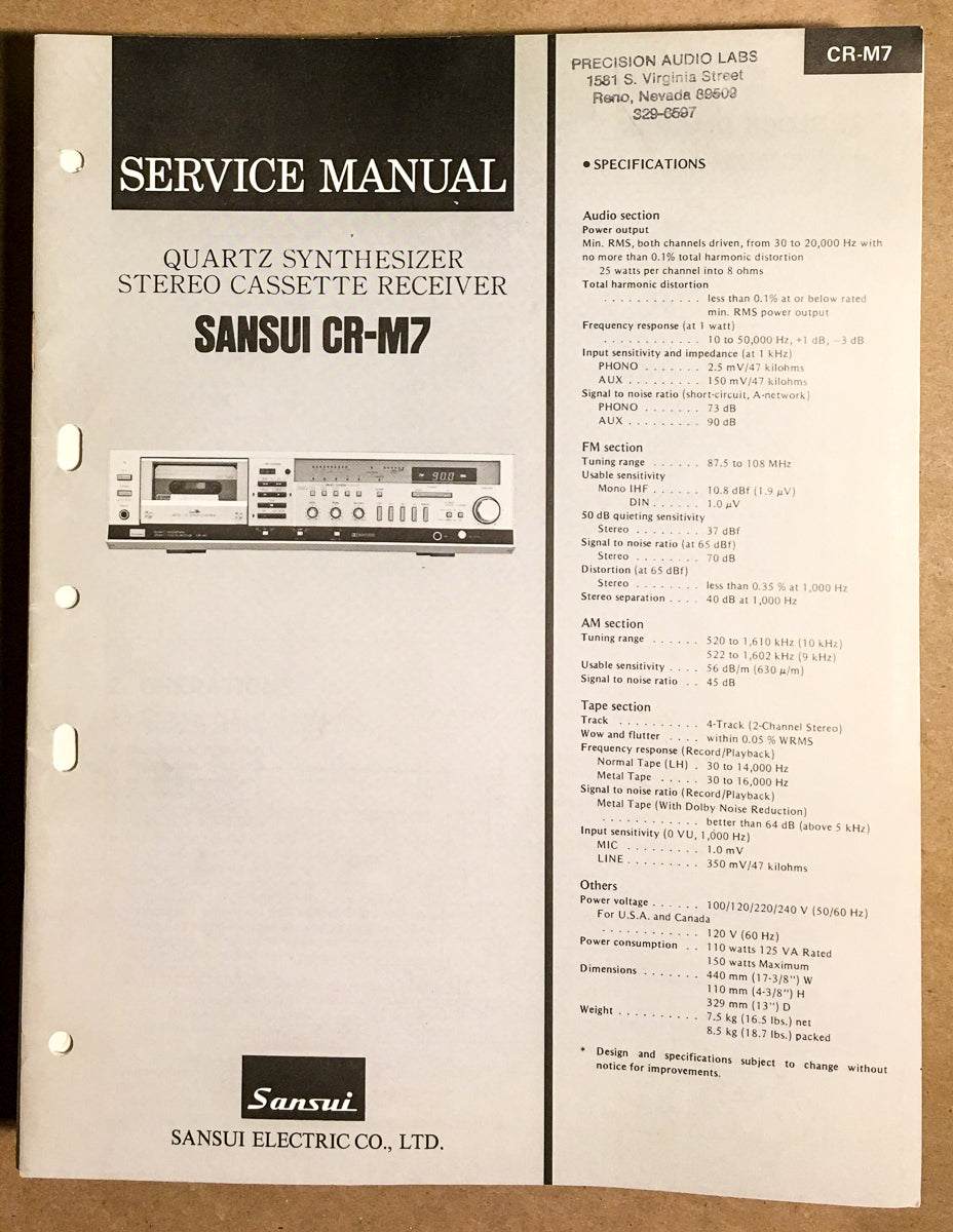 Sansui CR-M7 Cassette Service Manual *Original*