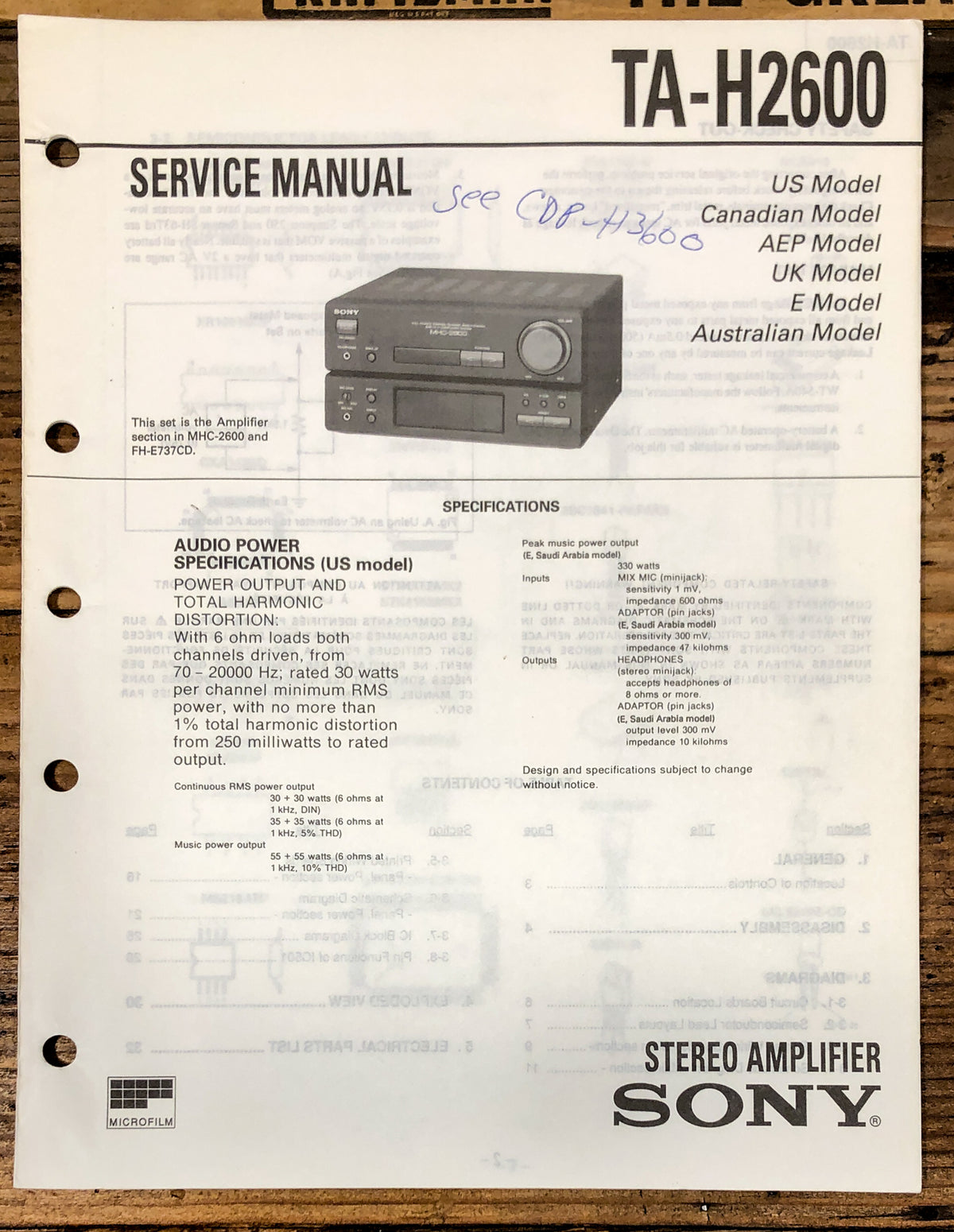 Sony TA-H2600 Amplifier Service Manual *Original*