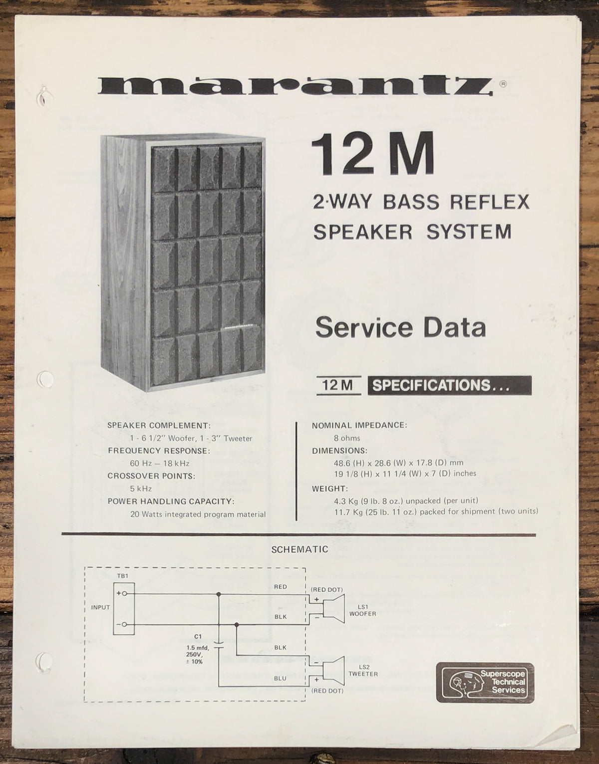 Marantz Model 12M 12 M Speaker Service Data Sheet *Original*
