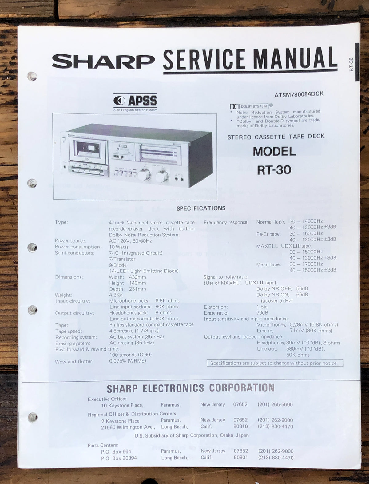 Sharp RT-30 Cassette Service Manual *Original*