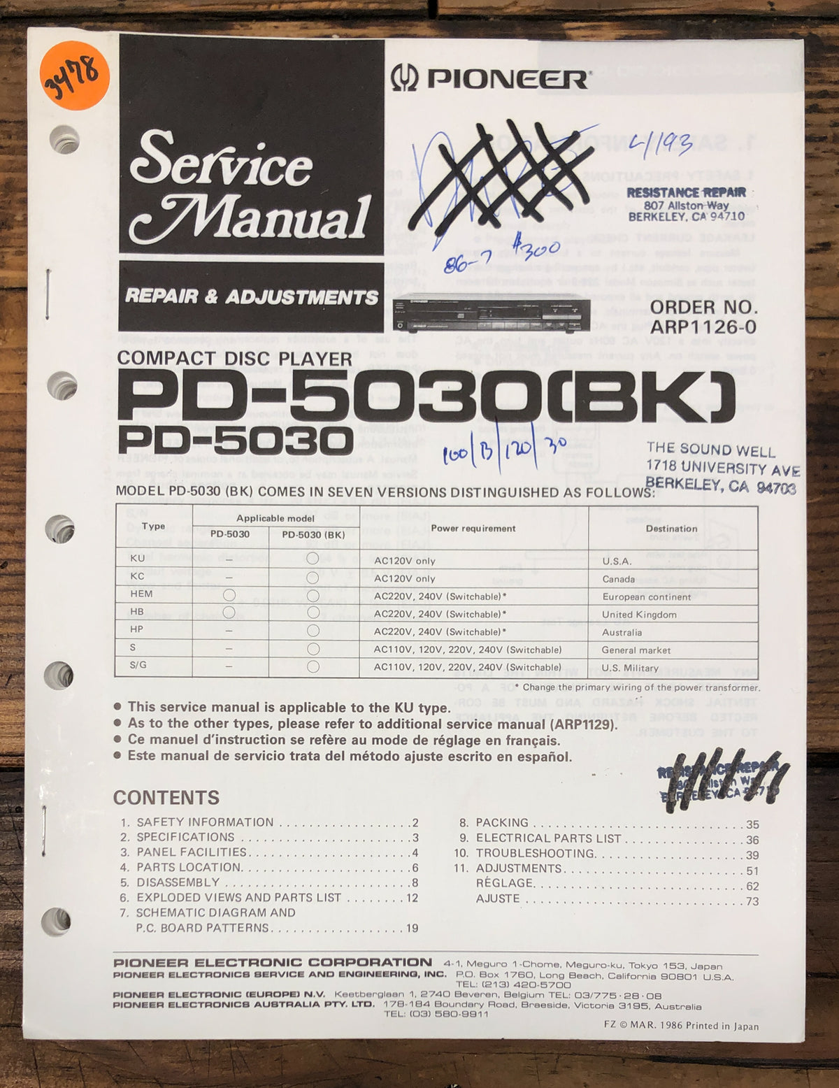 Pioneer PD-5030 CD Player Service Manual *Original*