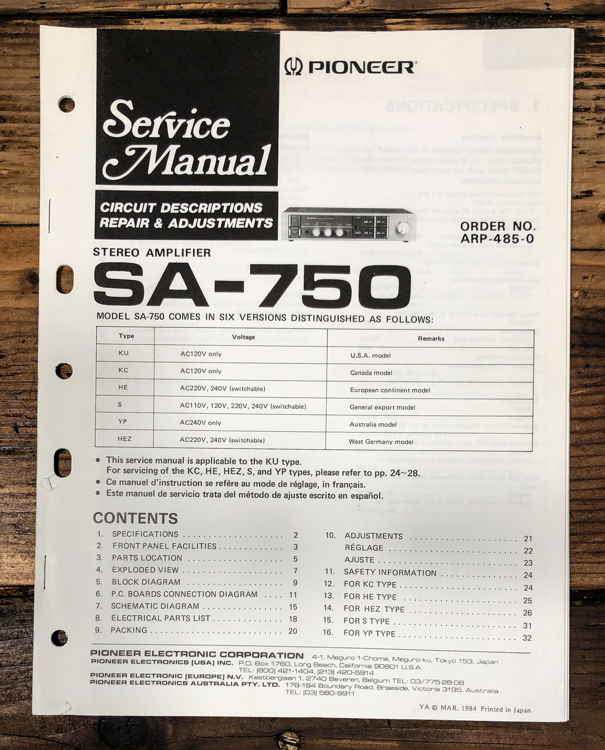 Pioneer SA-750 Amplifier Service Manual *Original*