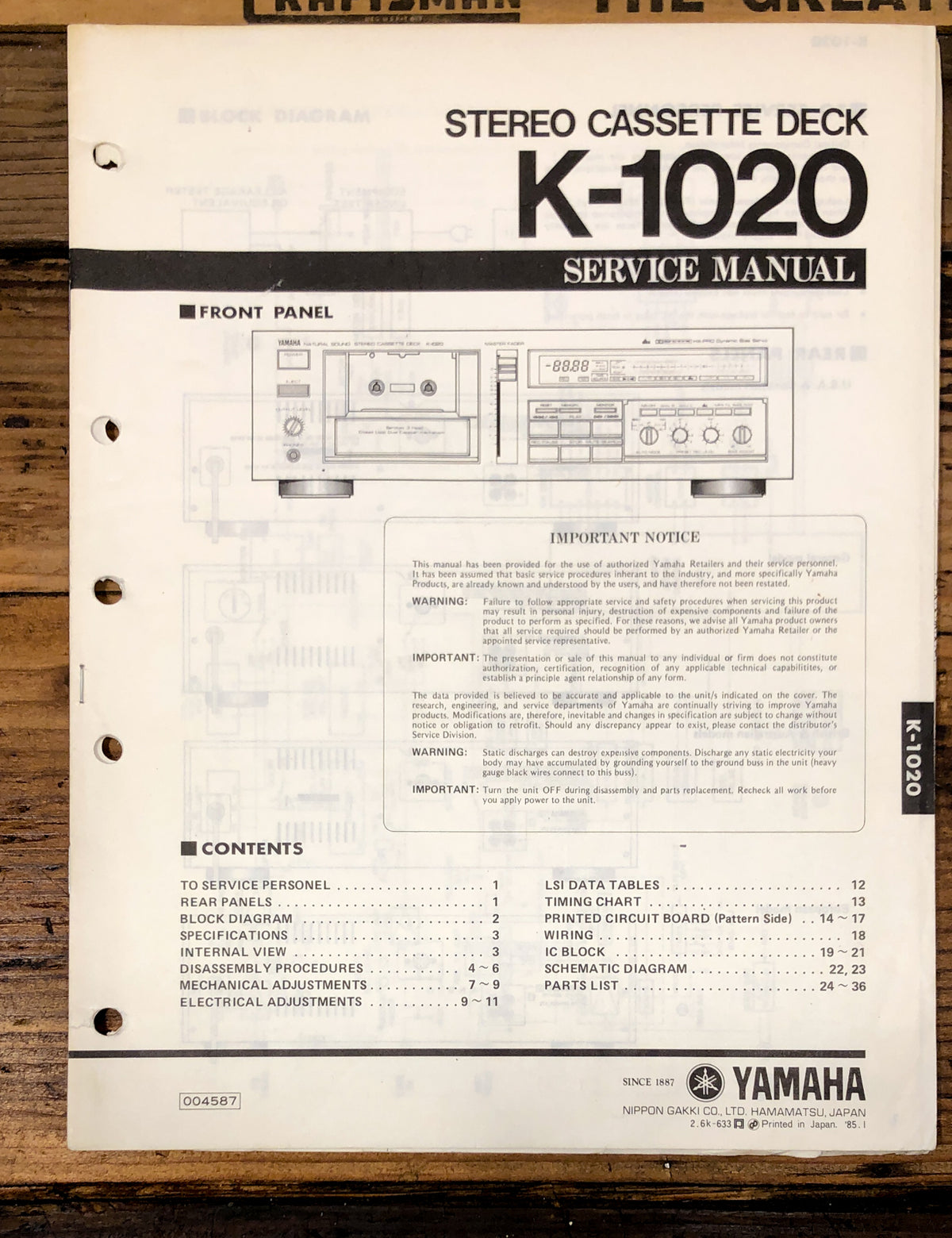 Yamaha K-1020 Cassette Service Manual *Original*