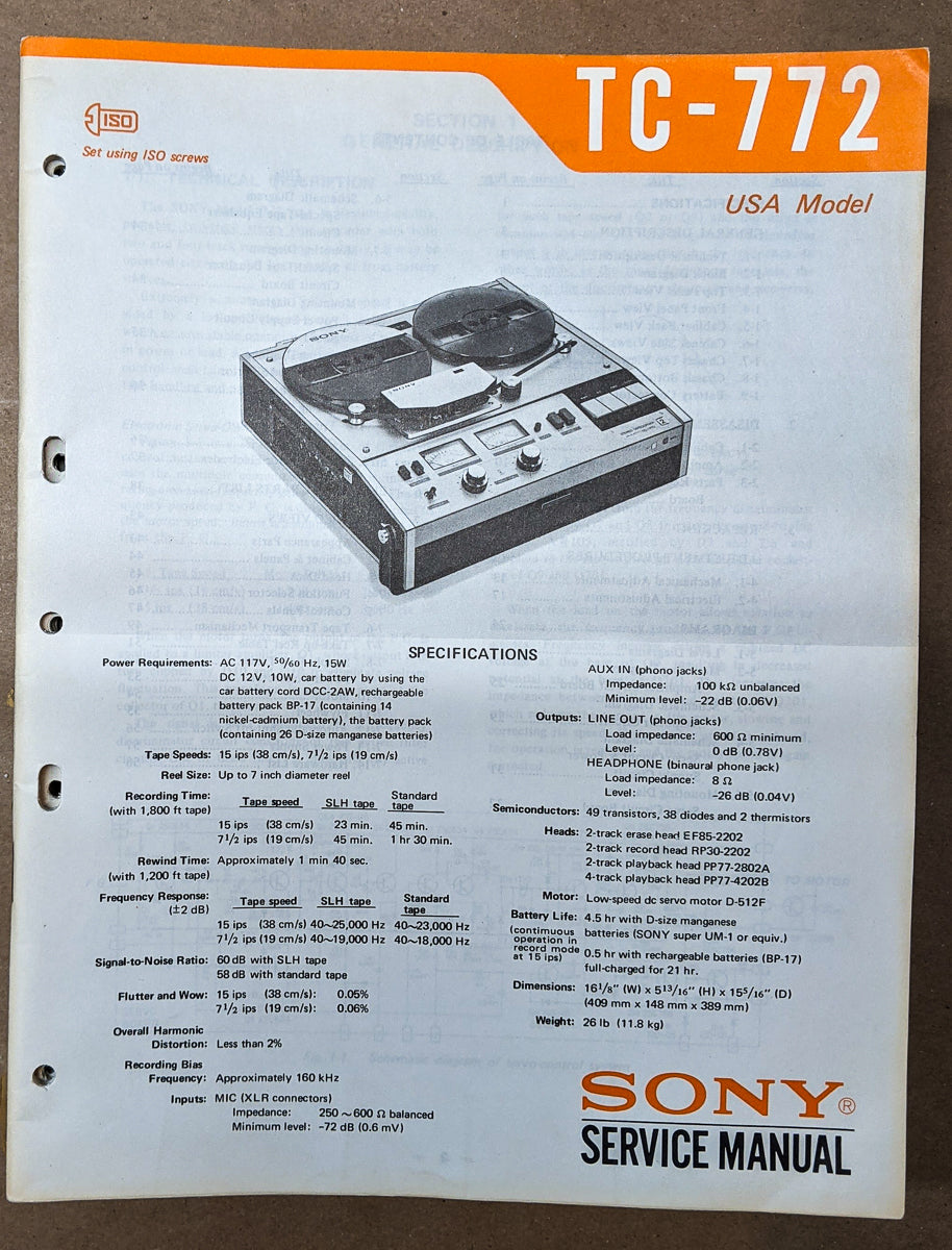 Sony TC-772 Reel to Reel Service Manual *Original*