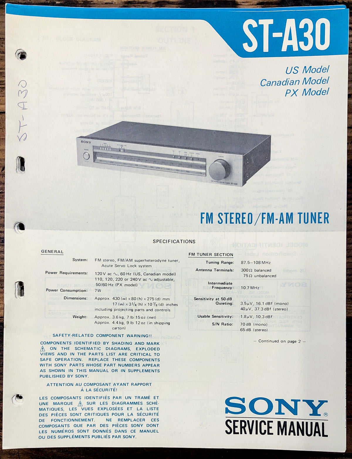 Sony ST-A30 Tuner Service Manual *Original*