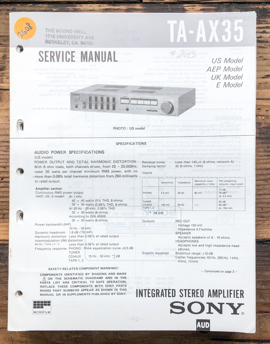 Sony TA-AX35 Amplifier Service Manual *Original*