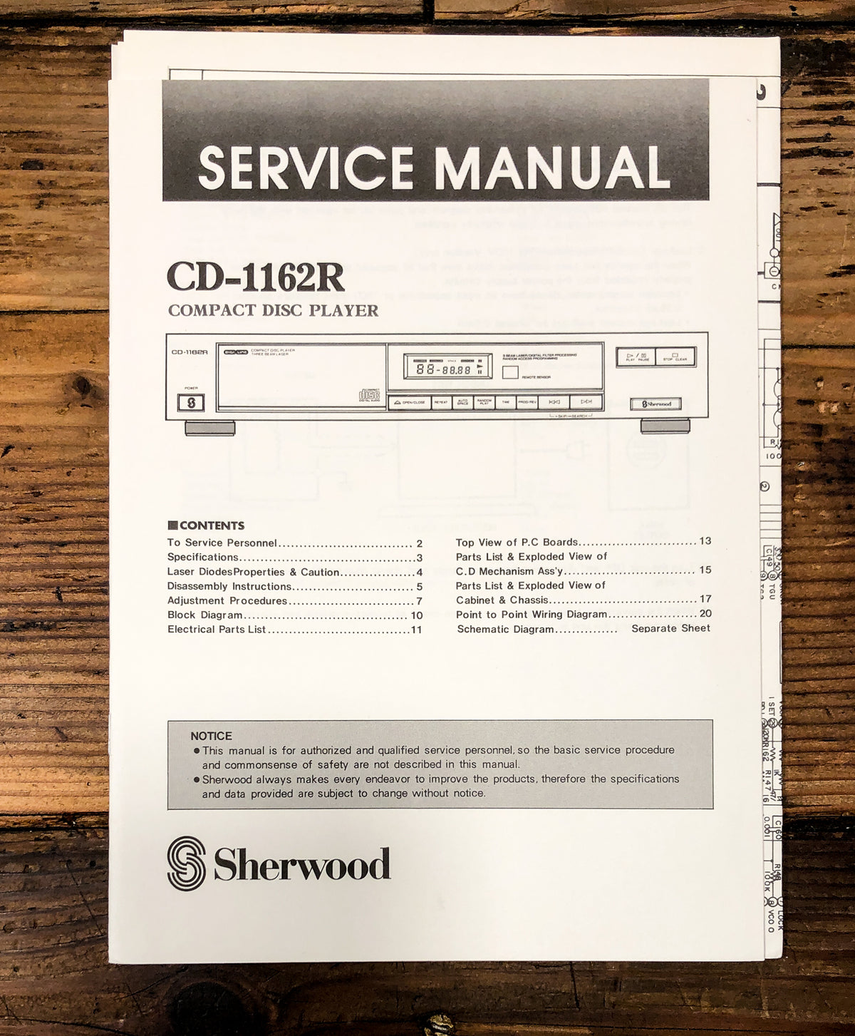Sherwood CD-1162R CD Player Service Manual *Original*