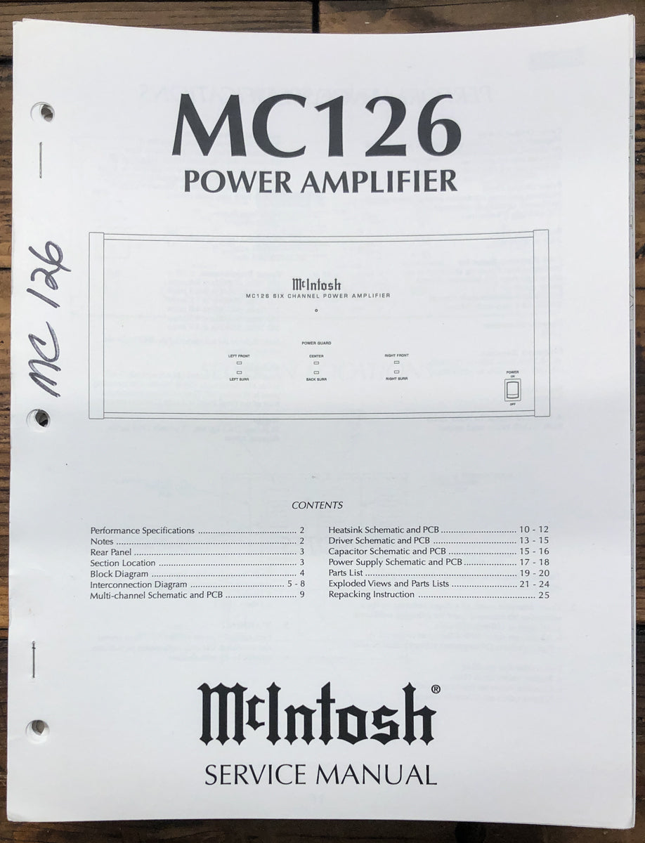 McIntosh MC126 MC-126 Amplifier Service Manual *Original*