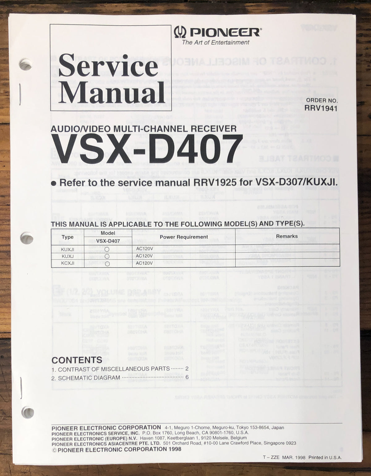 Pioneer VSX-D407 Receiver Service Manual *Original*