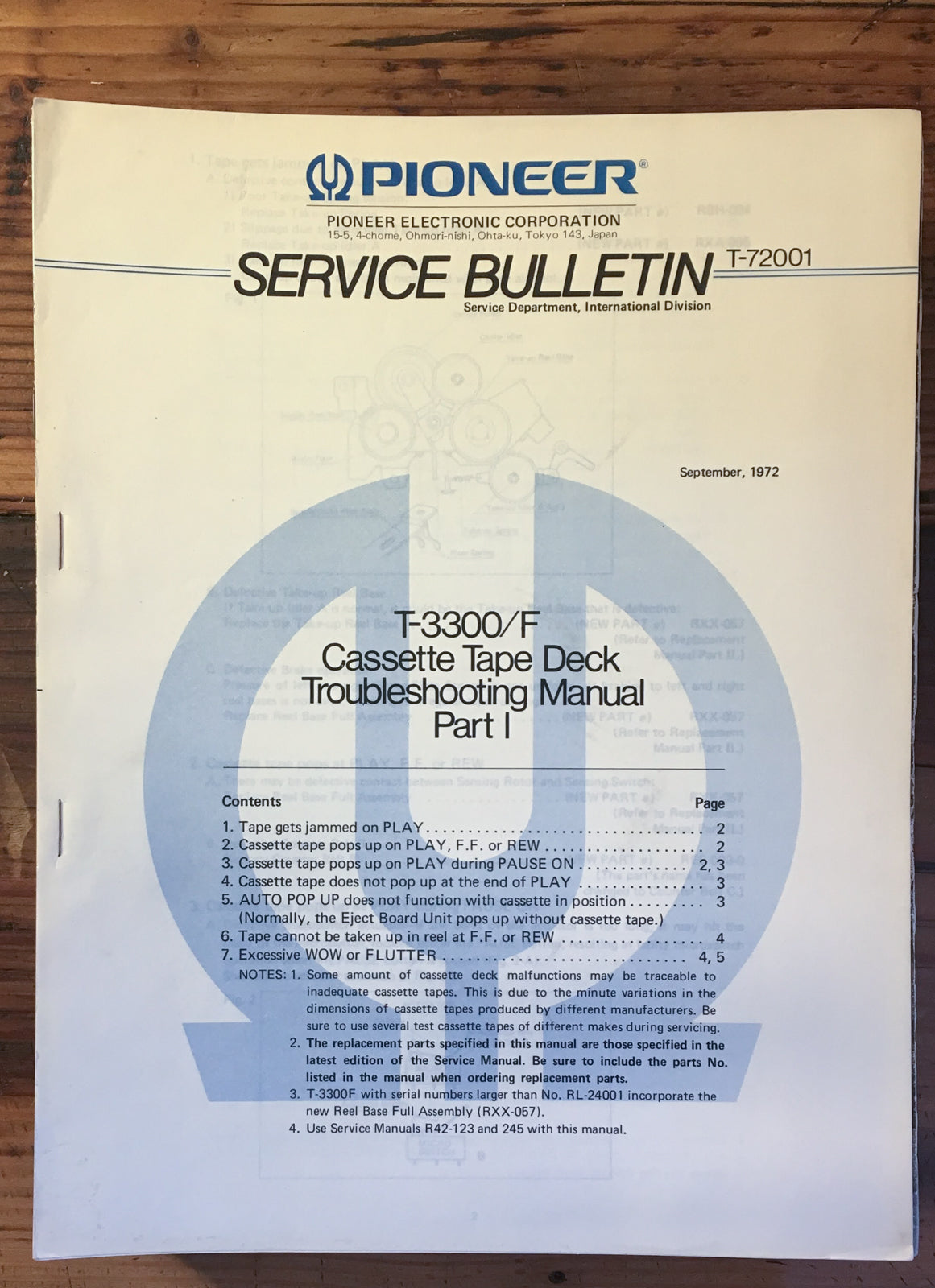 Pioneer T-3300 Tape Deck Troubleshooting Manual *Original*