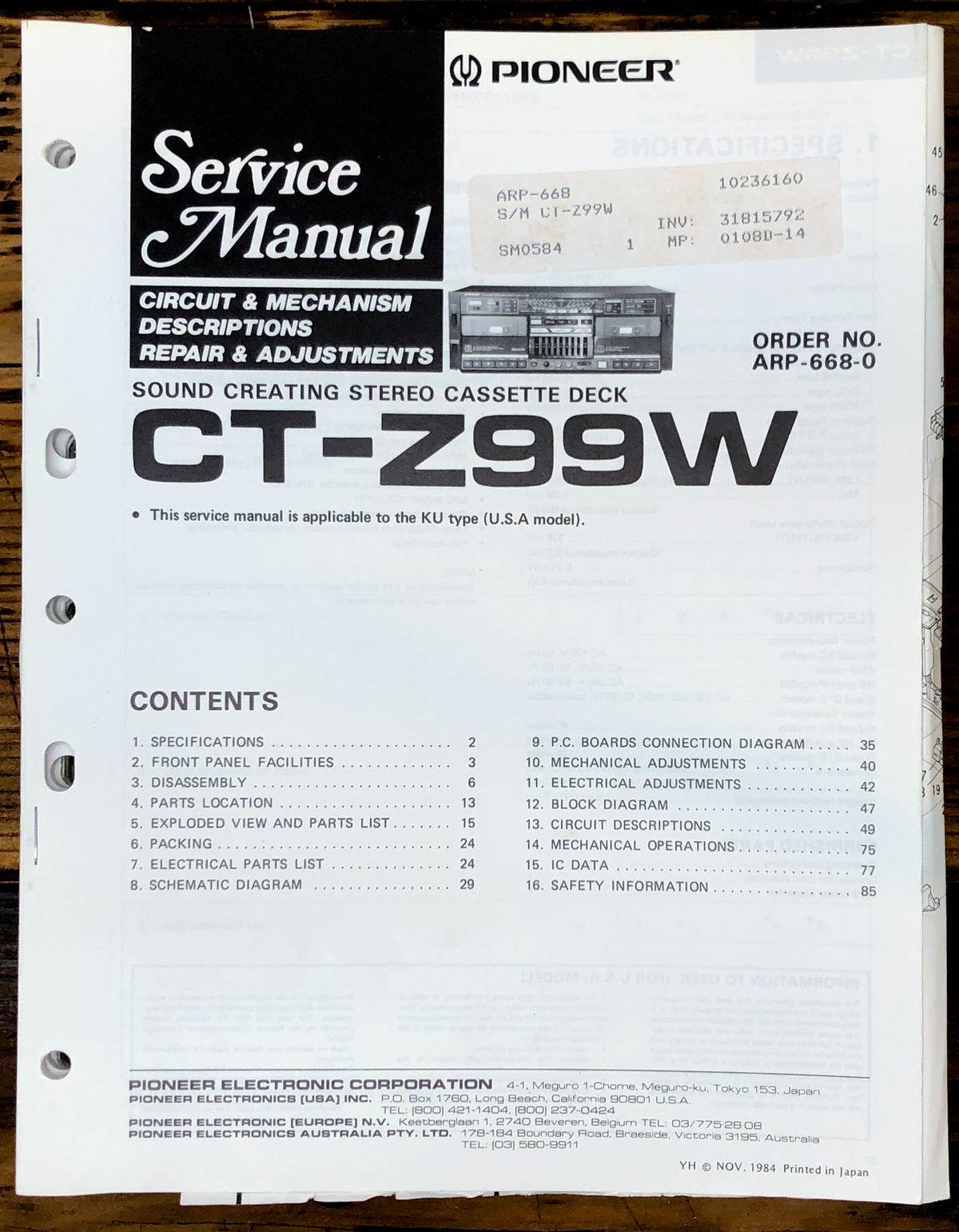 Pioneer CT-Z99W Cassette Service Manual *Original*