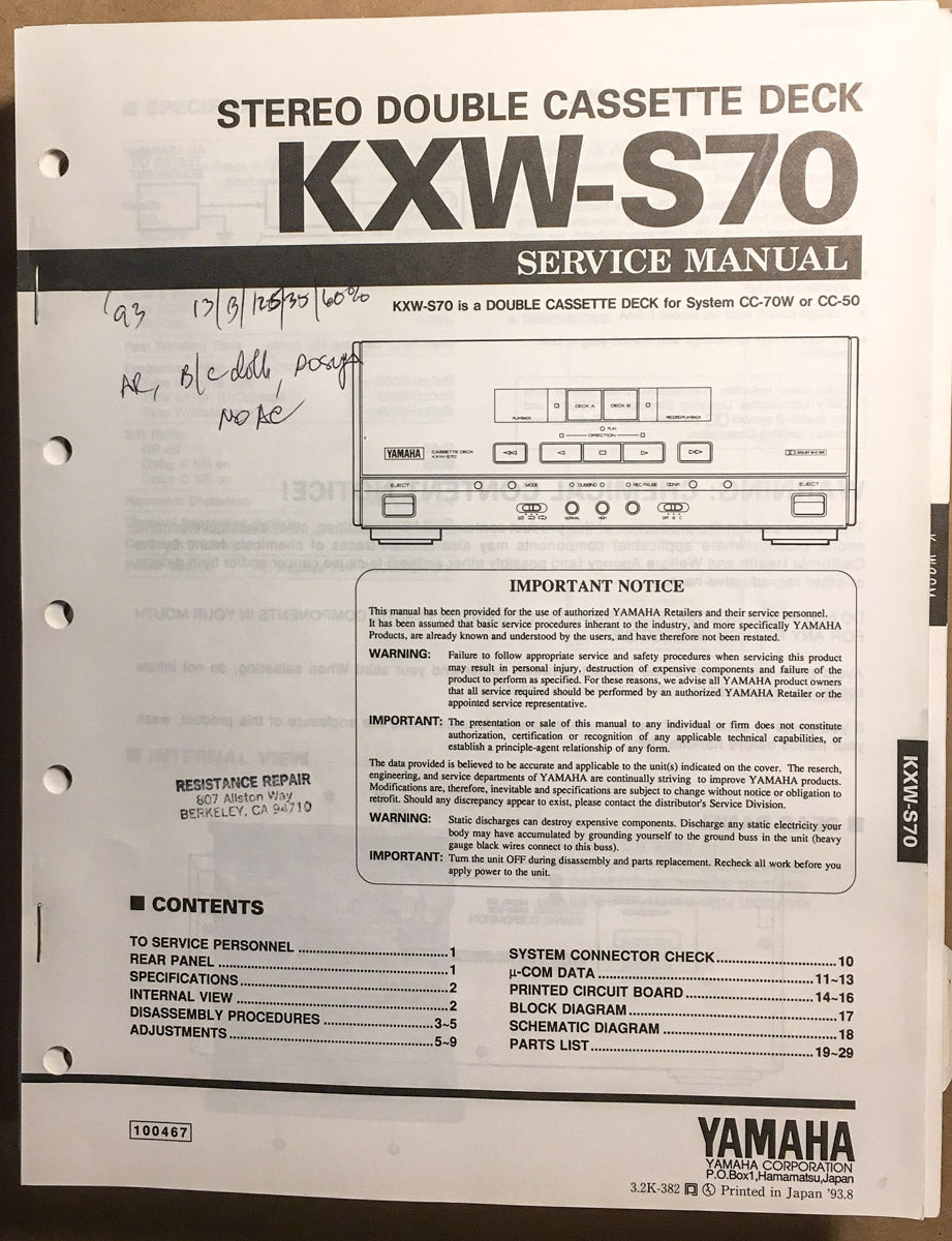 Yamaha KXW-S70 Cassette Service Manual *Original*