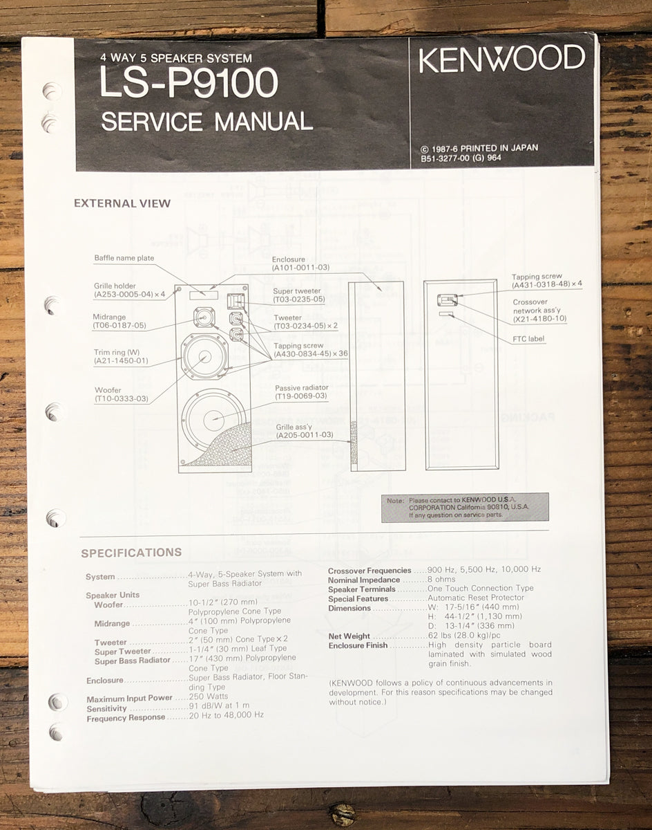 Kenwood LS-P9100 Speaker Service Manual *Original*