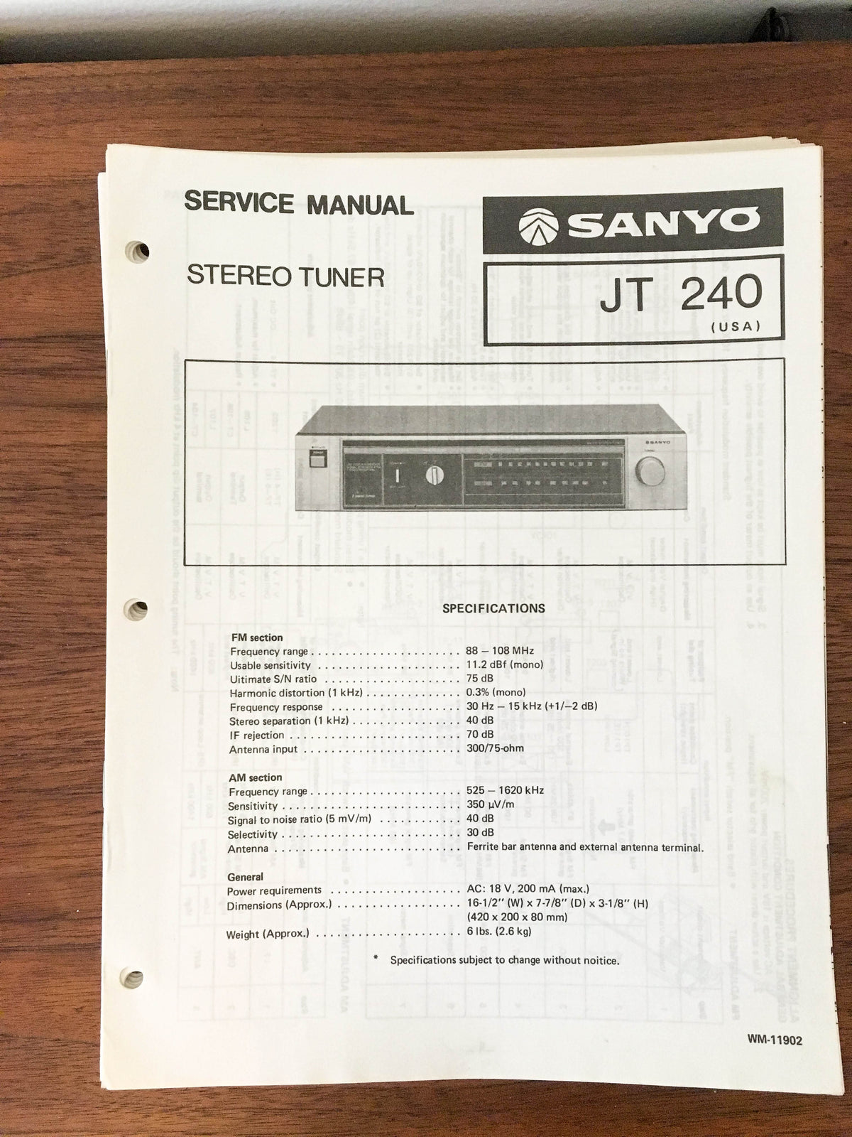 Sanyo JT 240 Tuner Service Manual *Original*