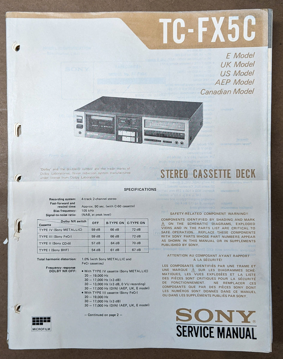 Sony TC-FX5C Cassette Service Manual *Original*