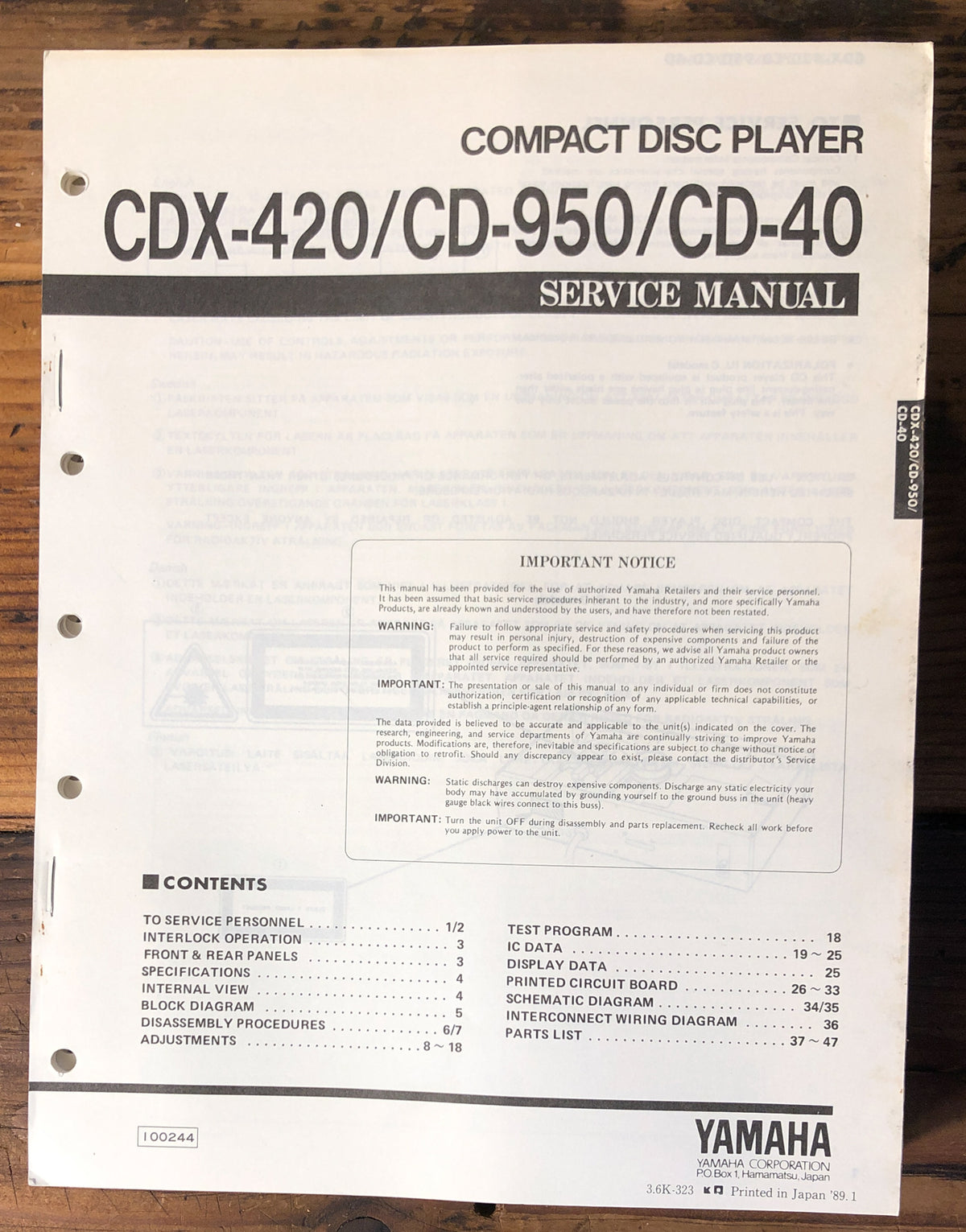 Yamaha CDX-420 CD-950 CD-40 CD Player Service Manual *Original*