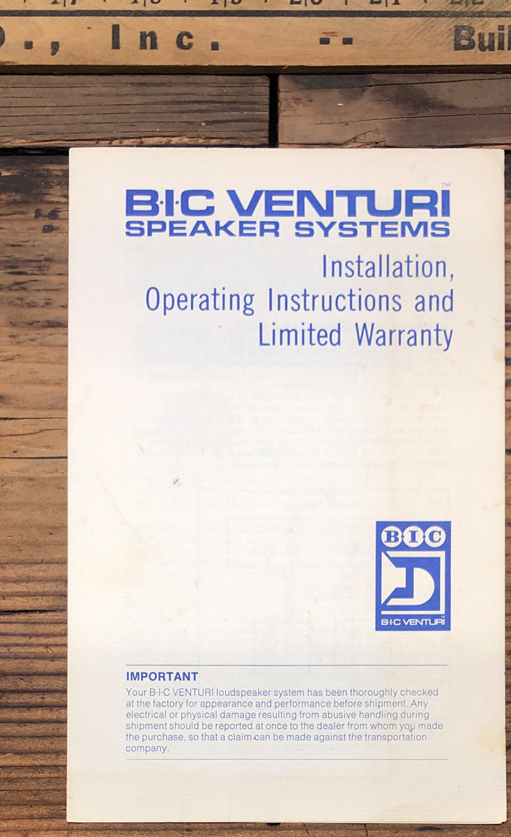 BIC Venturi Formula Speaker Owner / User Manual *Original*