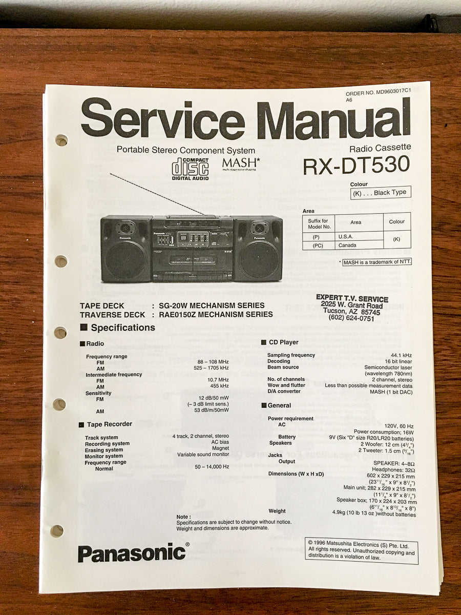 Panasonic RX-DT530 Radio Cassette Service Manual *Original*