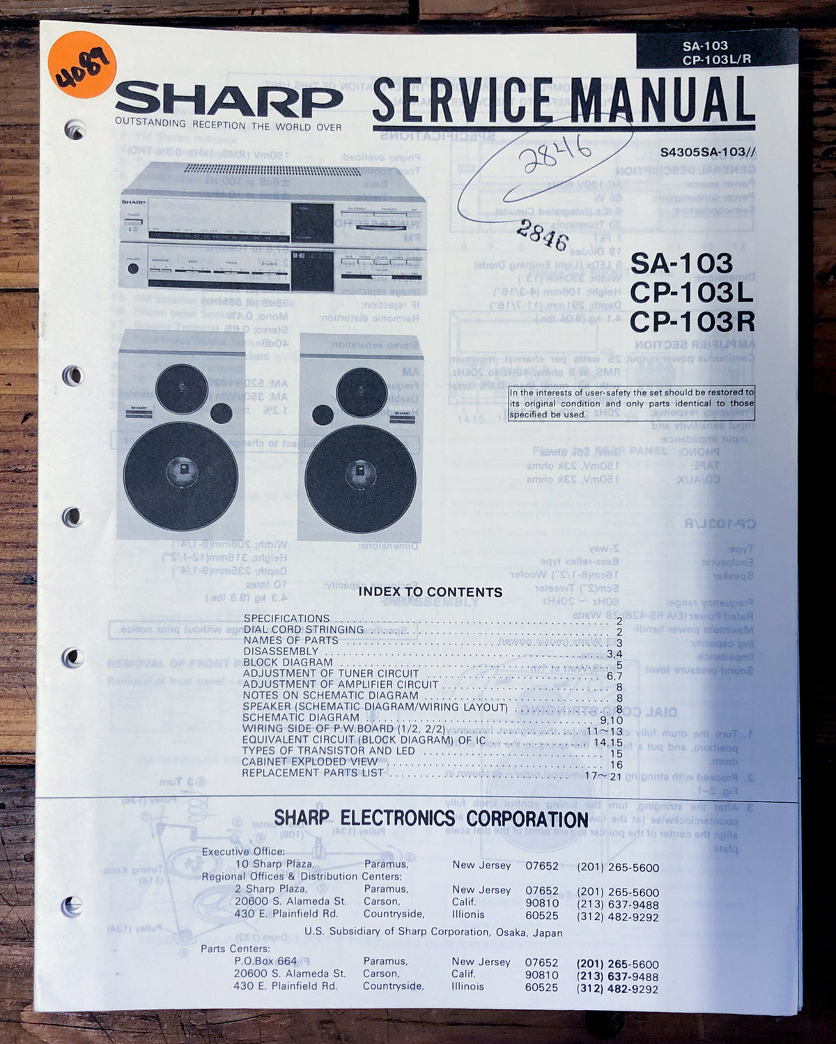 Sharp SA-103 CP-103L CP-103R Stereo Service Manual *Original*
