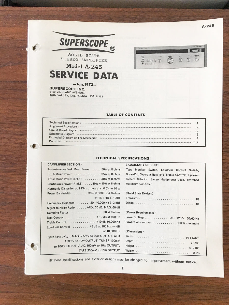 Superscope A-245 Amplifier Service Manual *Original*
