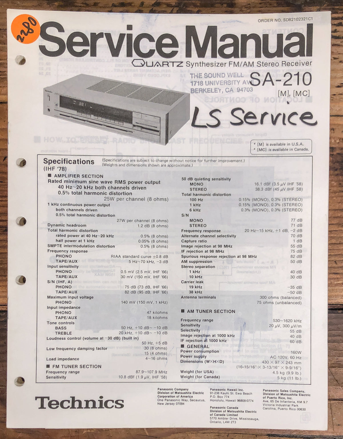 Technics SA-210 Receiver Service Manual *Original*