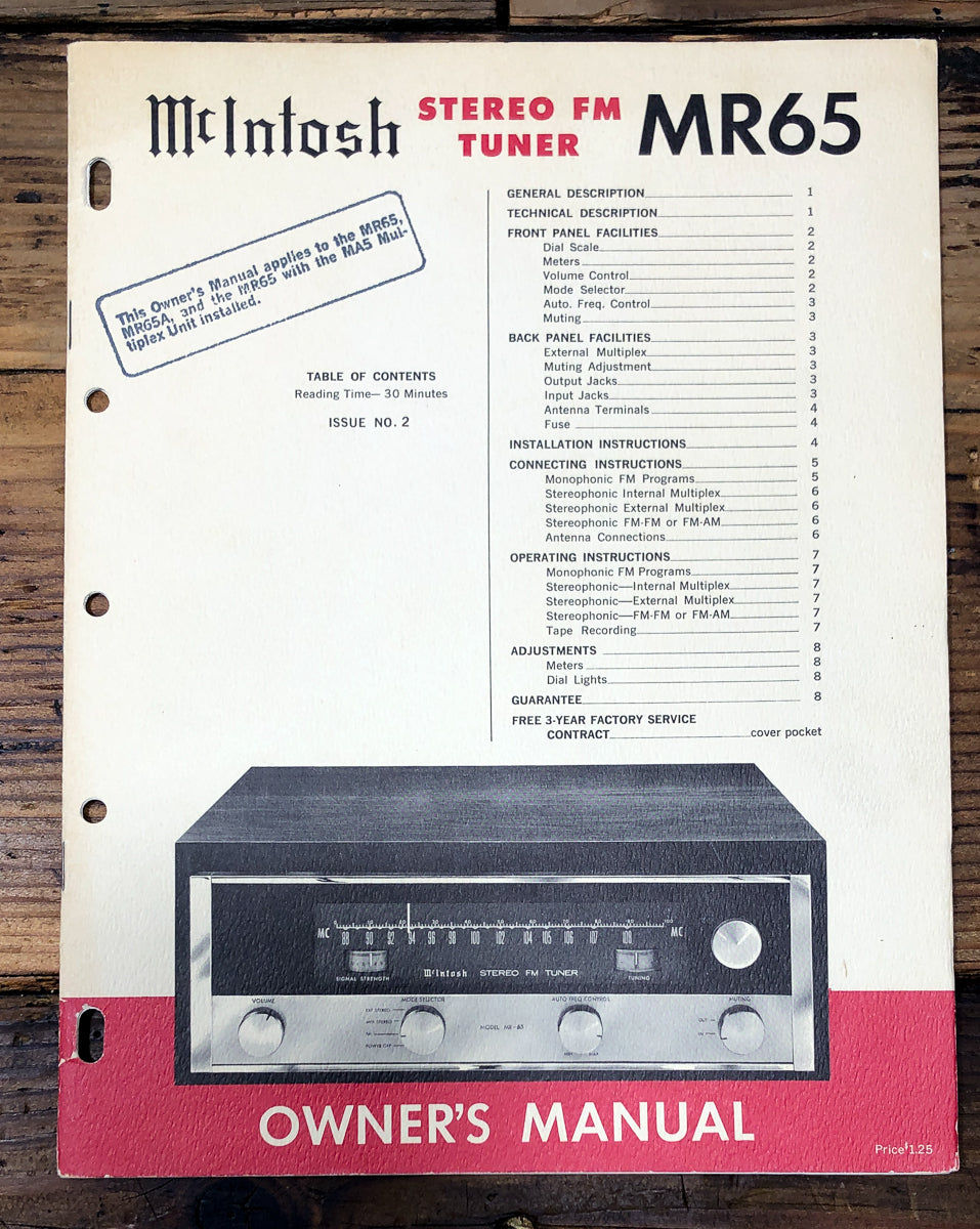 McIntosh MR-65 Tuner Issue 2 Owners / User Manual *Original*