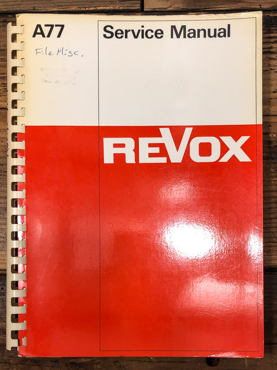 Studer Revox Model A77 A-77 Reel to Reel Service Manual *Original*